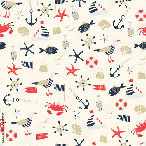 seamless vector pattern in nautical style, illustration in doodle style