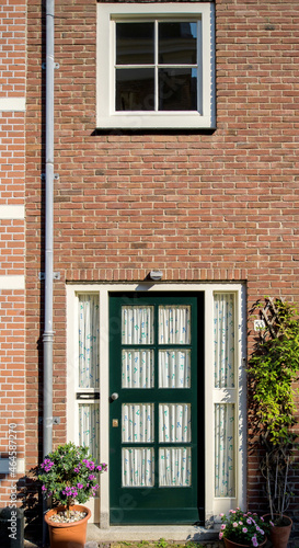 Beautiful entrance green door in the heart of Haarlem city, the Netherlands