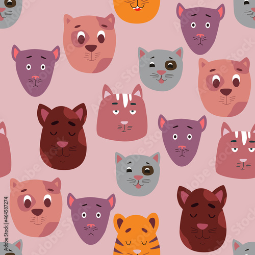 Fototapeta Naklejka Na Ścianę i Meble -  Seamless pattern with cute cats. Creative childish texture on a beige background. Stock vector illustration for textile, fabric, paper, cards and print.