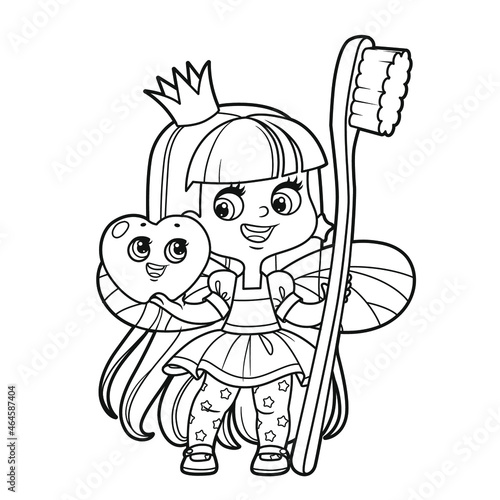 Cute little tooth fairy with a big toothbrush and cute cartoon tooth outlined for coloring on a white background