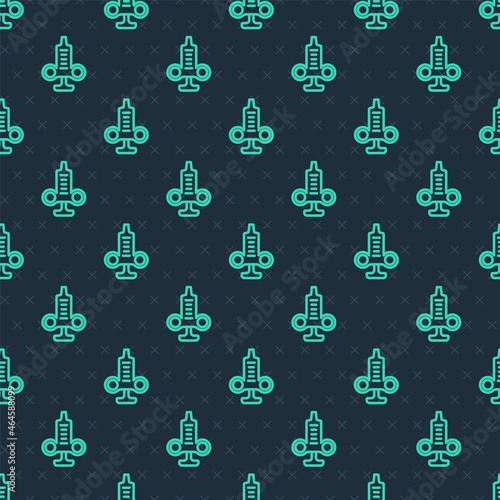 Green line Syringe icon isolated seamless pattern on blue background. Syringe for vaccine, vaccination, injection, flu shot. Medical equipment. Vector