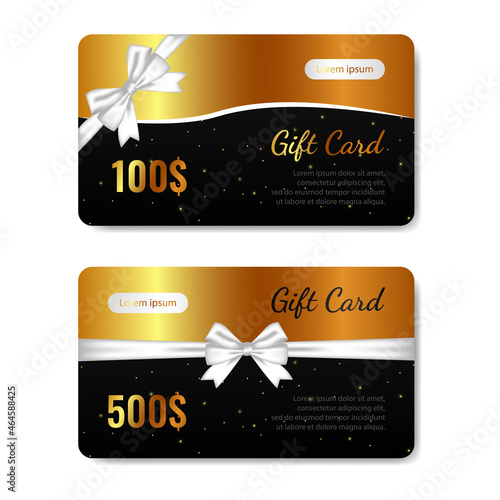 Set of shiny black and gold gift cards with a white bow. Vector illustration isolated on white background.