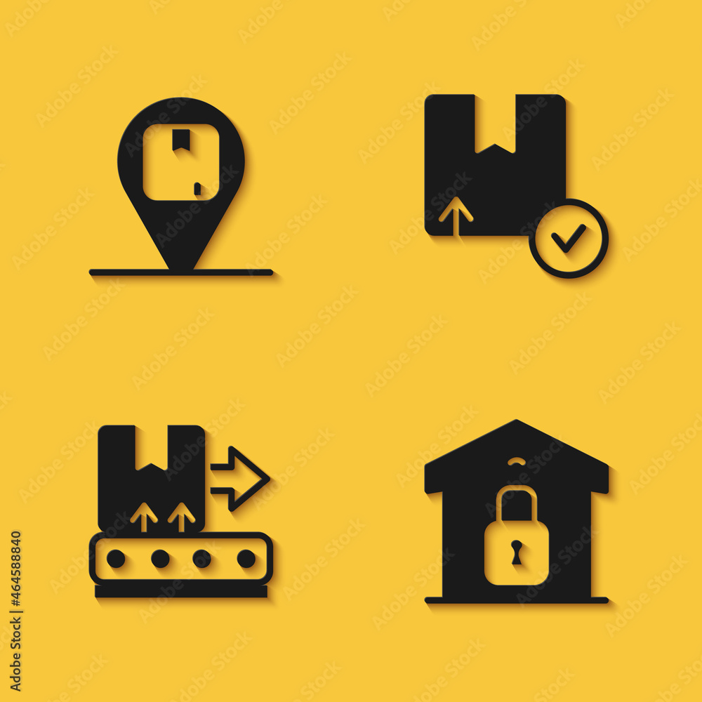 Set Location with cardboard box, Closed warehouse, Conveyor belt and Carton icon with long shadow. Vector Set Location with cardboard box, Closed warehouse, Conveyor belt and Carton icon with long shadow. Vector
