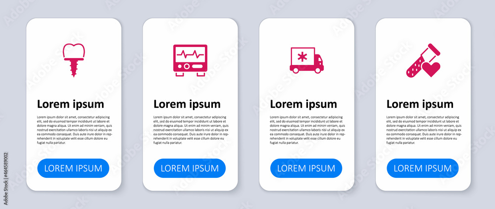 Set Test tube with blood, Ambulance car, Monitor cardiogram and Dental implant. Business infographic template. Vector Set Test tube with blood, Ambulance car, Monitor cardiogram and Dental implant. Business infographic template. Vector