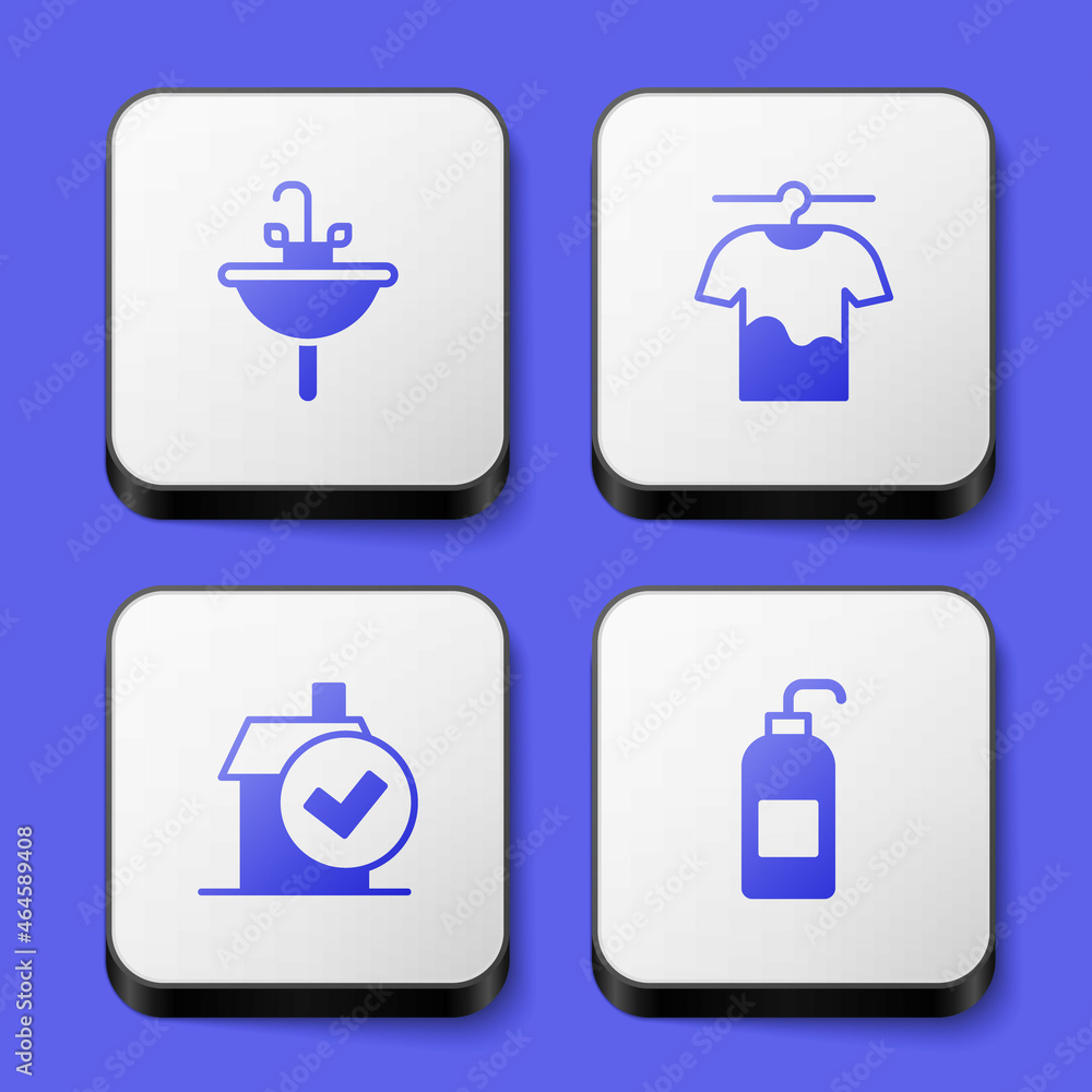 Set Washbasin, Drying clothes, Home cleaning service and Antibacterial soap icon. White square button. Vector Set Washbasin, Drying clothes, Home cleaning service and Antibacterial soap icon. White square button. Vector