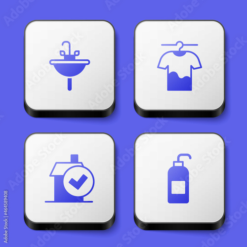 Set Washbasin, Drying clothes, Home cleaning service and Antibacterial soap icon. White square button. Vector