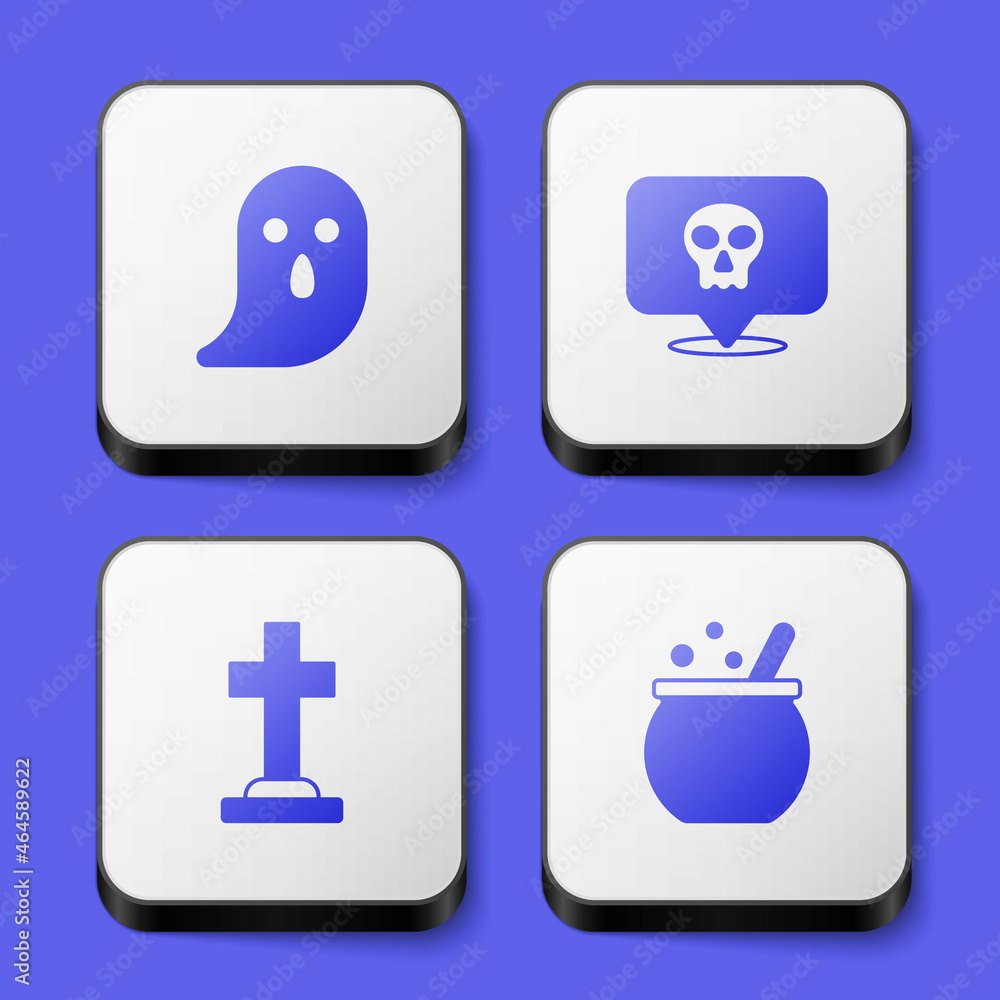 Set Ghost, Skull, Tombstone with cross and Halloween witch cauldron icon. White square button. Vector