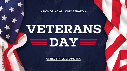 USA Veterans day greeting card with realistic United States national flag on brush stroke background. Vector illustration.