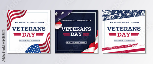 USA Veterans Day greeting cards set with United States national flag. United States national holiday vector illustration. Honoring all who served.