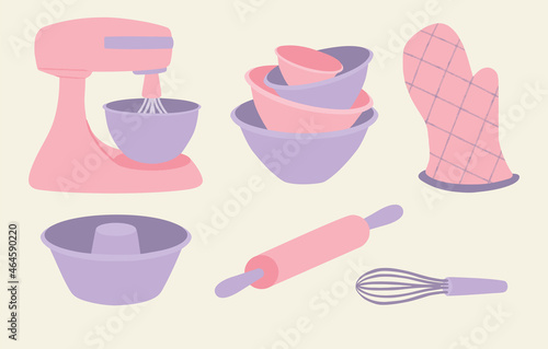 Pink and lilac kitchen utensils set. Food mixer, bowls, cooking glove, cake pan, rolling pin and egg beater