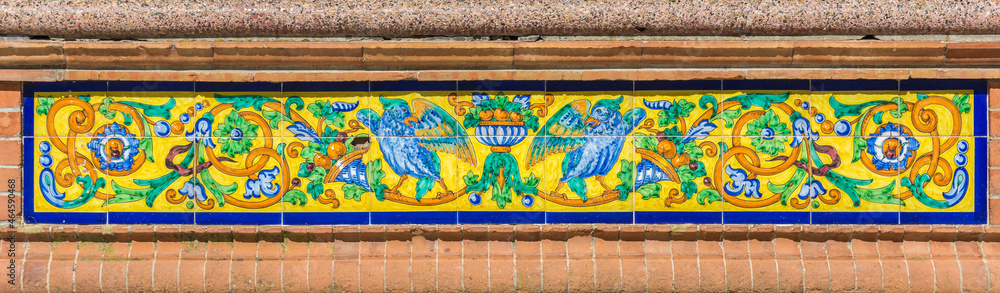 Beautiful Sevillian tiles in the Plaza de Espana of Vejer de la Frontera. Cadiz, Andalusia, Spain