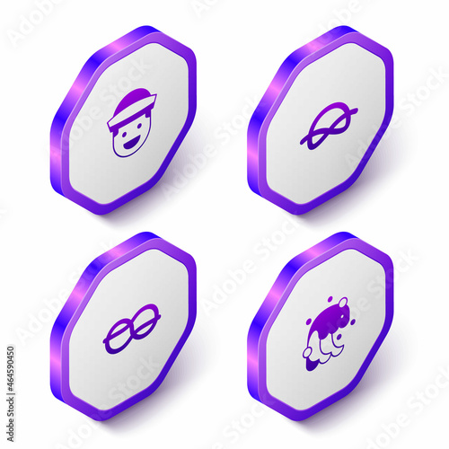 Set Isometric Sailor, Nautical rope knots, and Tsunami icon. Purple hexagon button. Vector