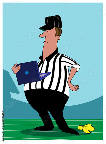 A referee reviews a penalty on a laptop computer. 