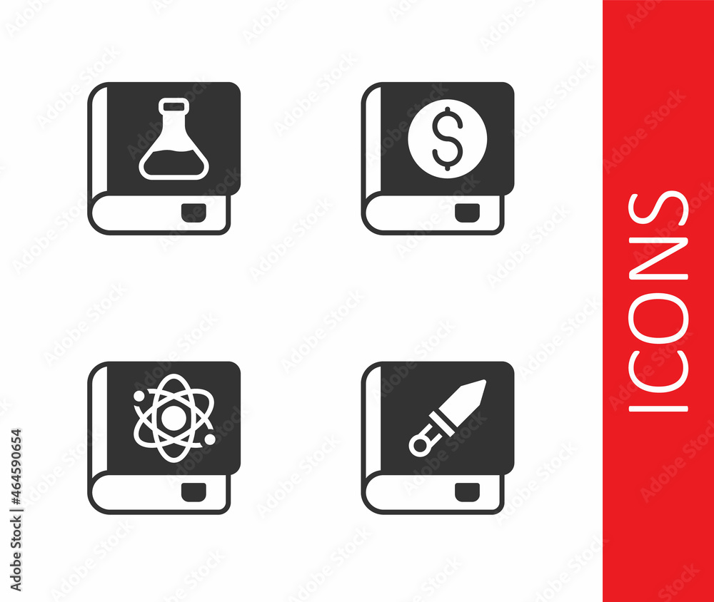 Set Book about weapon, Chemistry book, physics and Financial icon. Vector Set Book about weapon, Chemistry book, physics and Financial icon. Vector