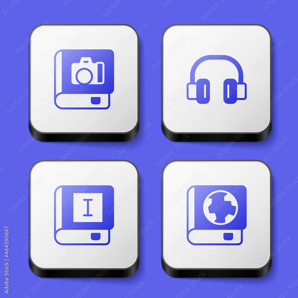 Set Photo album gallery, Headphones, Book and Earth globe and book icon. White square button. Vector