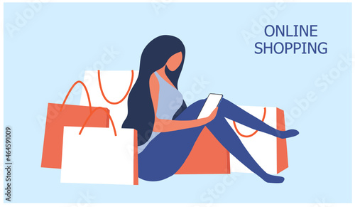 Online shopping concept, woman use mobile ordering shopping with shopping bags vector illustration. Online shopping , digital payment, delivery technology business concept background