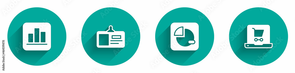 Set Pie chart infographic, Identification badge, and Shopping cart screen laptop icon with long shadow. Vector Set Pie chart infographic, Identification badge, and Shopping cart screen laptop icon with long shadow. Vector