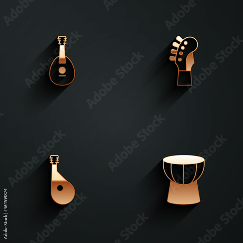 Set Mandolin, Guitar neck, Bandura and African darbuka drum icon with long shadow. Vector