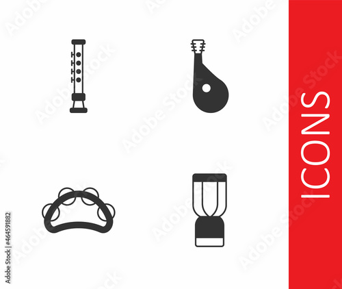 Set African djembe drum, Flute, Tambourine and Bandura icon. Vector