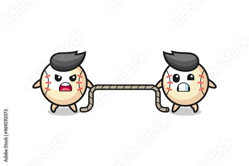 cute baseball character is playing tug of war game