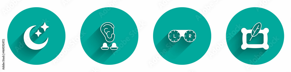 Set Moon and stars, Earplugs ear, Contact lens container and Pillow icon with long shadow. Vector Set Moon and stars, Earplugs ear, Contact lens container and Pillow icon with long shadow. Vector