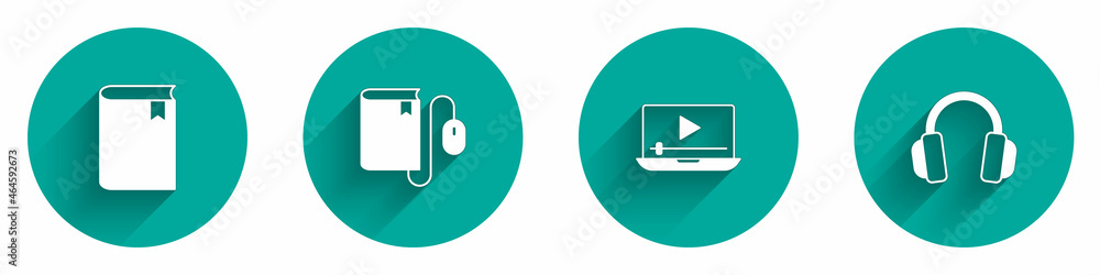 Set Book, Electronic book with mouse, Online play video and Headphones icon with long shadow. Vector Set Book, Electronic book with mouse, Online play video and Headphones icon with long shadow. Vector