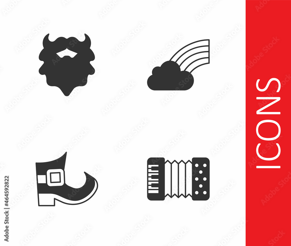 Set Accordion, Mustache and beard, Leprechaun boot and Rainbow with cloud icon. Vector