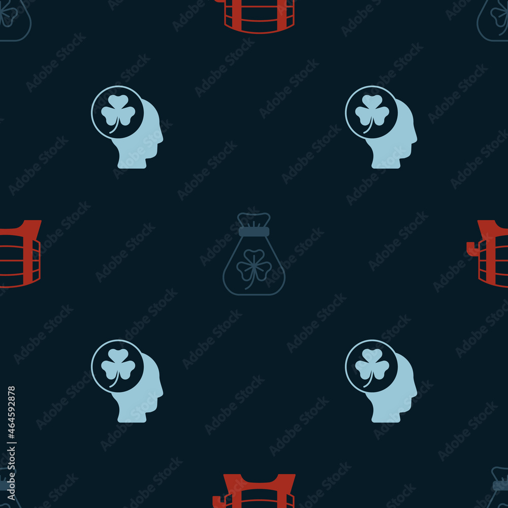 Set Wooden barrel on rack, Money bag with clover and Head trefoil leaf on seamless pattern. Vector Set Wooden barrel on rack, Money bag with clover and Head trefoil leaf on seamless pattern. Vector