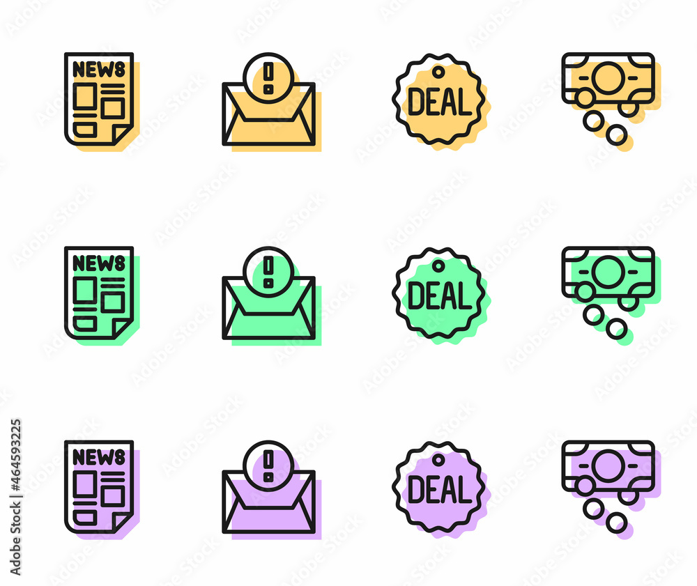 Set line Deal, News, Envelope and Stacks paper money cash icon. Vector Set line Deal, News, Envelope and Stacks paper money cash icon. Vector