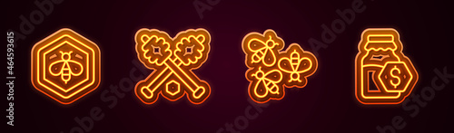 Set line Bee and honeycomb, Honey dipper stick, Bees and Sale in jar of. Glowing neon icon. Vector