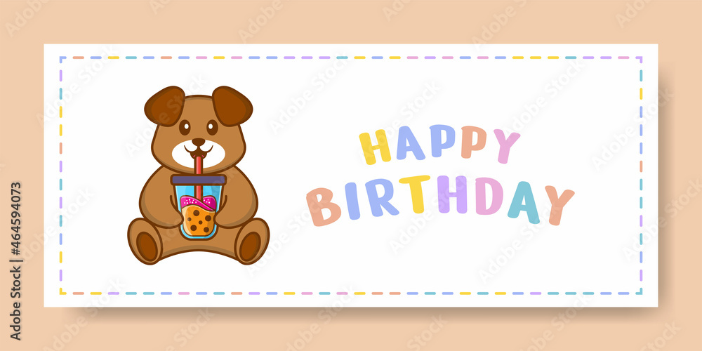 Happy Birthday banner with Cute dog cartoon character. Vector Illustration