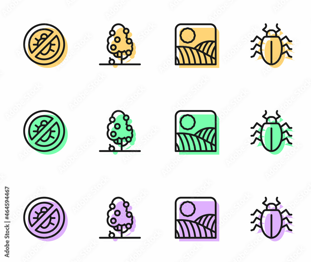 Set line Agriculture wheat field farm, Stop colorado beetle, Fruit tree and Colorado icon. Vector Set line Agriculture wheat field farm, Stop colorado beetle, Fruit tree and Colorado icon. Vector
