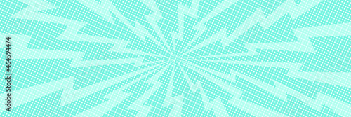 Vector background in comic book style with lightnings and polka dot pattern. Retro pop art design. Long horizontal banner.