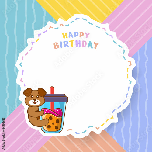 Fototapeta Naklejka Na Ścianę i Meble -  Happy Birthday greeting card with Cute dog cartoon character. Vector Illustration