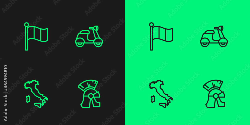 Set line Roman army helmet, Map of Italy, Flag and Scooter icon. Vector Set line Roman army helmet, Map of Italy, Flag and Scooter icon. Vector