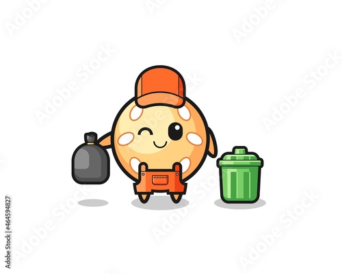 the mascot of cute sesame ball as garbage collector