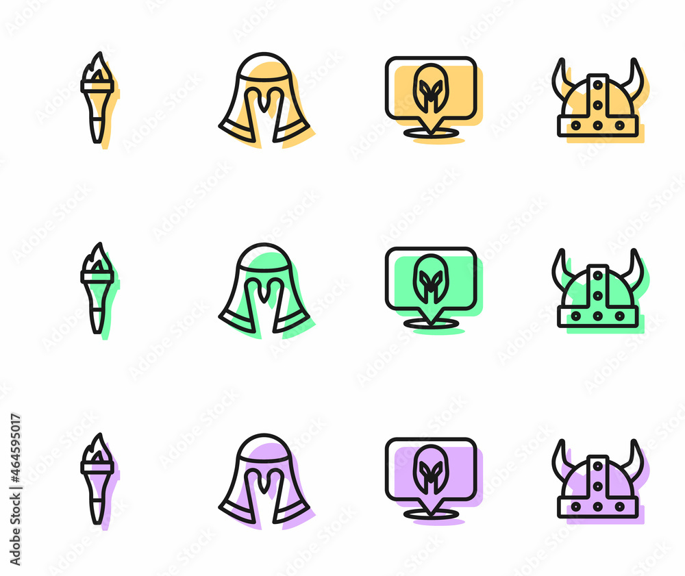 Set line Medieval helmet, Torch flame, and Viking in horned icon. Vector Set line Medieval helmet, Torch flame, and Viking in horned icon. Vector