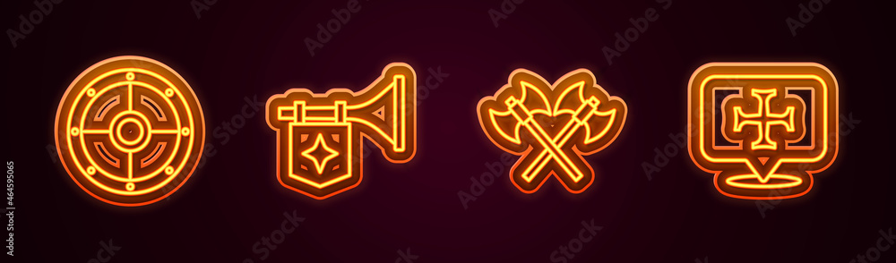 Set line Round shield, Trumpet with flag, Crossed medieval axes and Crusade. Glowing neon icon. Vector Set line Round shield, Trumpet with flag, Crossed medieval axes and Crusade. Glowing neon icon. Vector