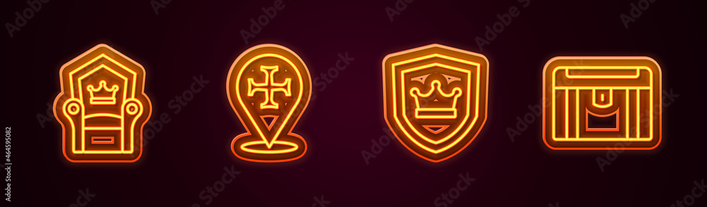 Set line Medieval throne, Crusade, Shield with crown and Antique treasure chest. Glowing neon icon. Vector Set line Medieval throne, Crusade, Shield with crown and Antique treasure chest. Glowing neon icon. Vector