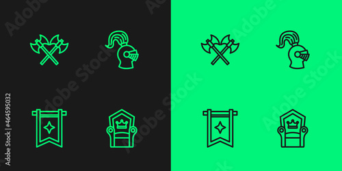 Set line Medieval throne  flag  Crossed medieval axes and helmet icon. Vector