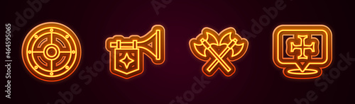 Set line Round shield, Trumpet with flag, Crossed medieval axes and Crusade. Glowing neon icon. Vector