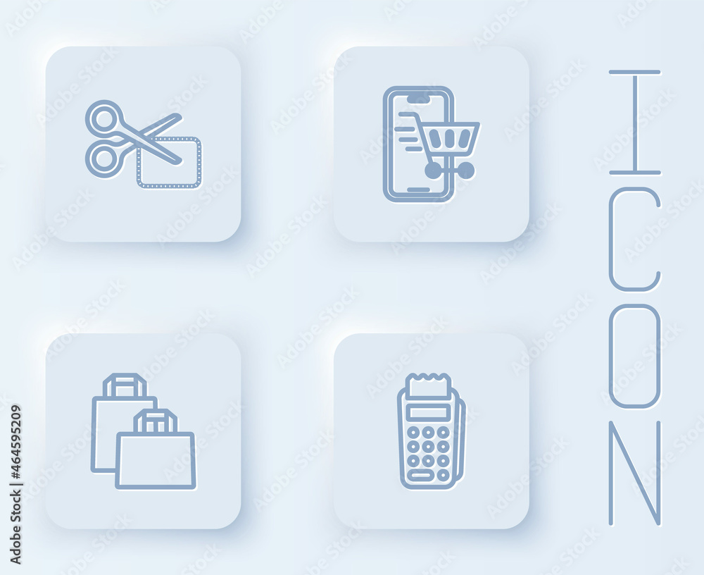 Set line Scissors cuts discount coupon, Mobile with shopping cart, Paper bag and POS terminal. White square button. Vector Set line Scissors cuts discount coupon, Mobile with shopping cart, Paper bag and POS terminal. White square button. Vector