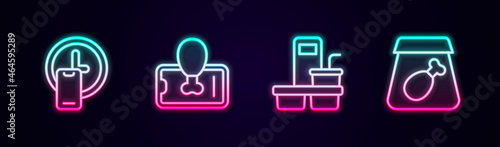 Set line Round the clock delivery, Food ordering on mobile, Coffee cup to go and Online meal. Glowing neon icon. Vector