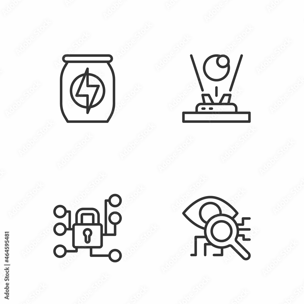 Set line Eye scan, Cyber security, Energy drink and Hologram icon. Vector Set line Eye scan, Cyber security, Energy drink and Hologram icon. Vector