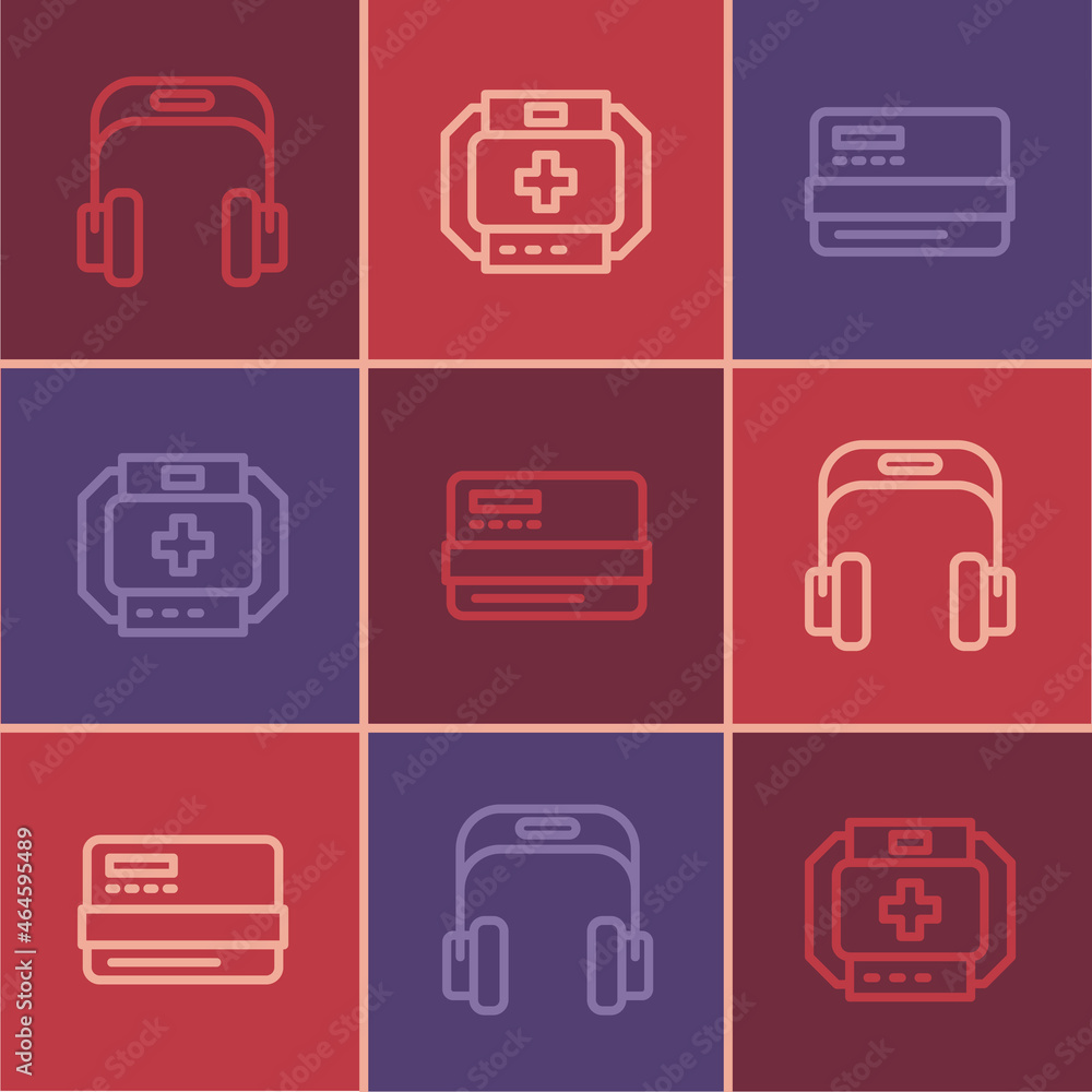 Set line Headphones, Credit card and First aid kit icon. Vector