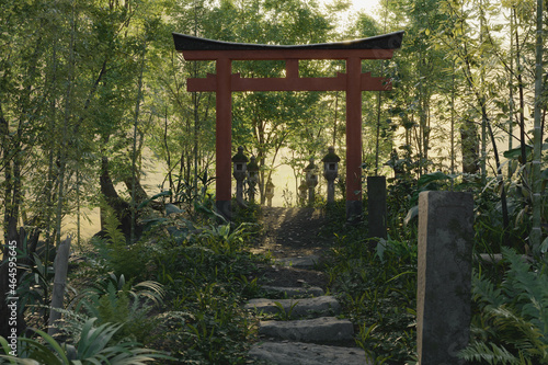 Canvas Print 3d rendering of an old natural path in front of torii gate and stone lantern in the evening sunlight