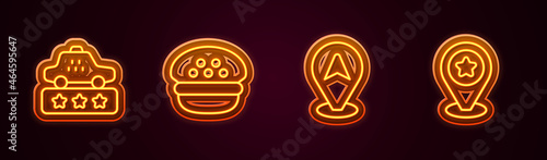 Set line Taxi service rating, driver cap, Location taxi car and with star. Glowing neon icon. Vector