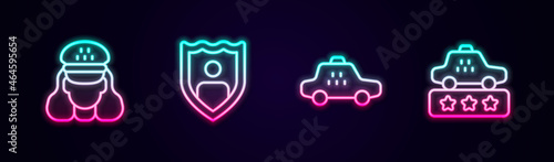 Set line Taxi driver, Life insurance with shield, car and service rating. Glowing neon icon. Vector