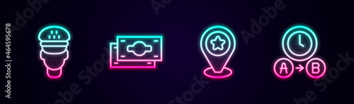 Set line Taxi driver, Stacks paper money cash, Location with star and waiting time. Glowing neon icon. Vector
