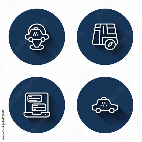 Set line Location taxi car  Taxi mobile app and with long shadow. Blue circle button. Vector